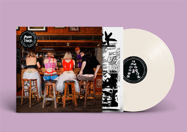 Vinyl record with cover showing people in a bar setting on a purple background