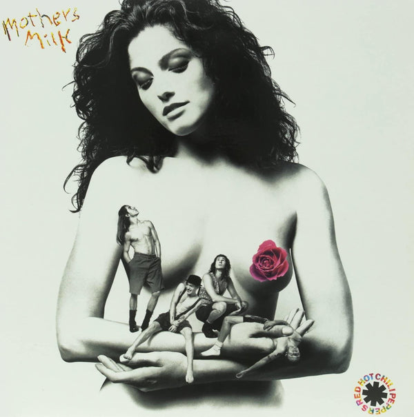 Red Hot Chili Peppers “Mother’s Milk” cover—black-and-white woman holding miniature band members with a pink rose