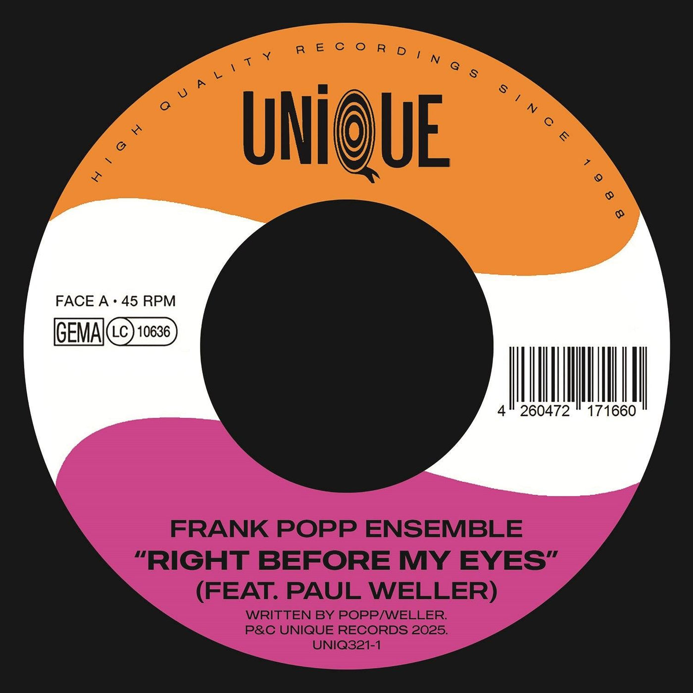 Frank Popp Ensemble and Paul Weller  - Right Before My Eyes feat. Paul Weller 7" Vinyl Single