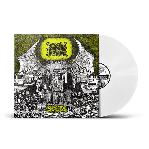 Vinyl record of Napalm Death’s Scum, featuring chaotic artwork with skulls, businessmen, and monstrous wings.
