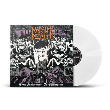 Vinyl record of Napalm Death’s From Enslavement to Obliteration, featuring chaotic black-and-white artwork of anguish and turmoil.