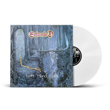 Vinyl record of Entombed’s Left Hand Path, with eerie graveyard artwork and a glowing trail through twisted trees.