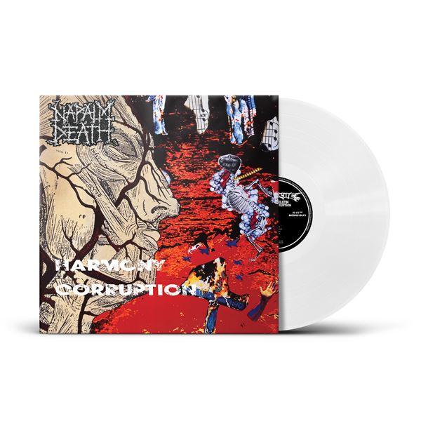 ChatGPT said:

Vinyl record of Napalm Death’s Harmony Corruption, with abstract artwork of a face, skeletons, and chaotic red tones.