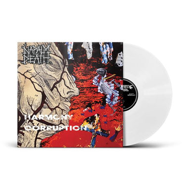 ChatGPT said:

Vinyl record of Napalm Death’s Harmony Corruption, with abstract artwork of a face, skeletons, and chaotic red tones.